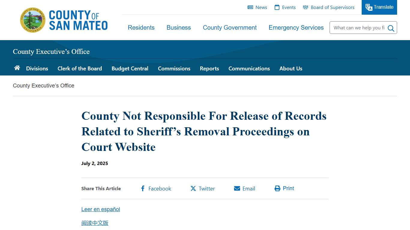 County Not Responsible For Release of Records Related to Sheriff’s Removal Proceedings on Court Website | County of San Mateo, CA